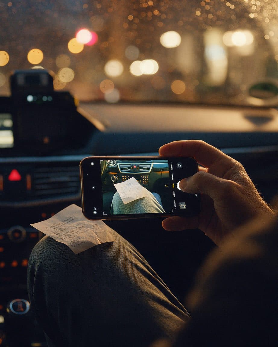 Taxachauffør i bilen om aftenen, der tager et billede af bonen med sin telefon