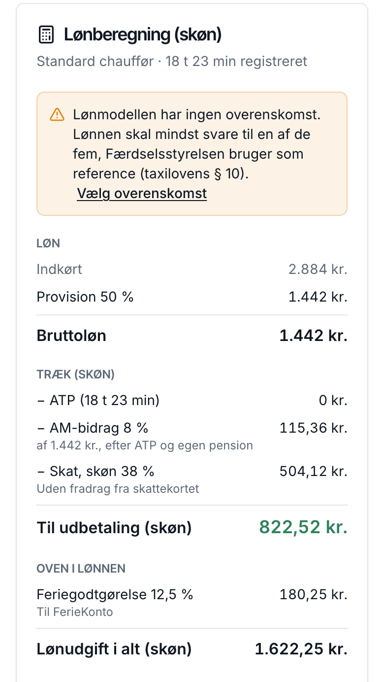 Lønberegning for en chauffør: provision, træk, feriegodtgørelse og en advarsel om, at lønmodellen ikke følger en overenskomst