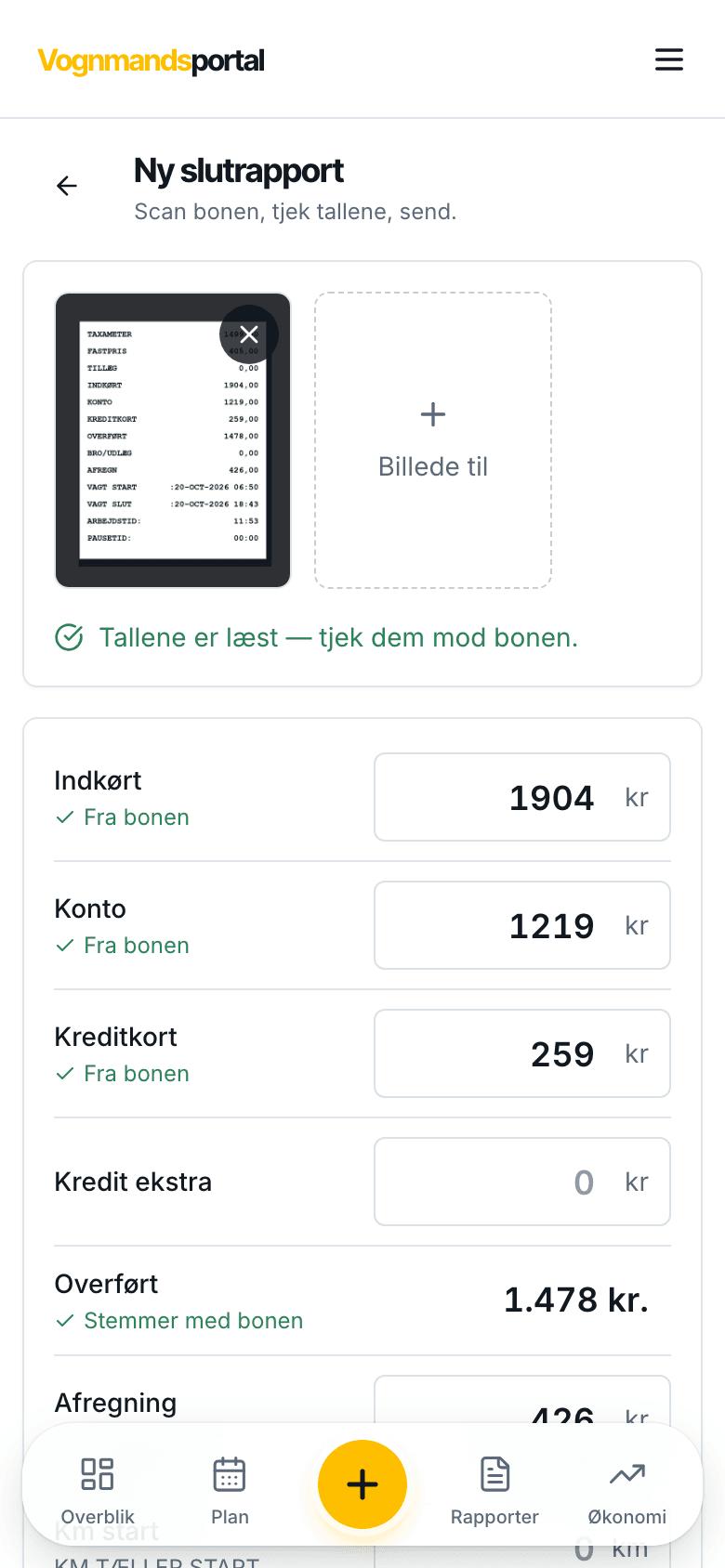 Ny slutrapport på en telefon: bonen er læst, og indkørt, konto, kreditkort og overført står udfyldt med "Fra bonen"